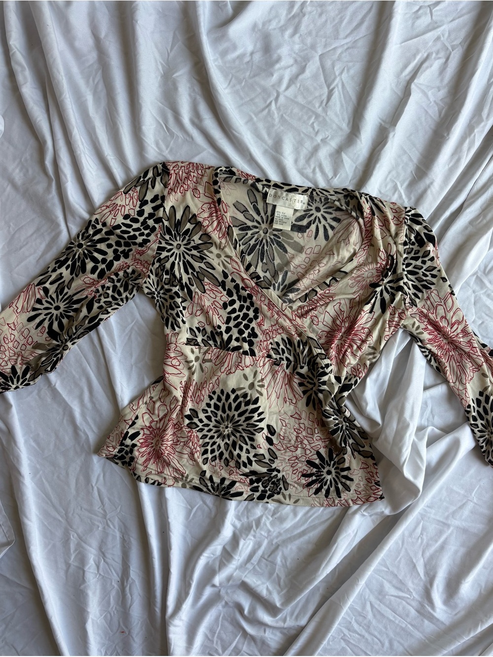 Y2K Floral Peplum Top in Cream and Black with Pink Accents 95% silk